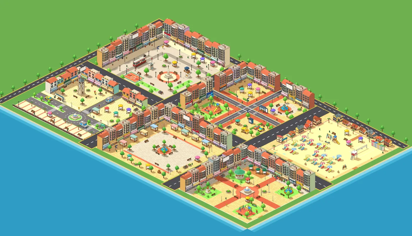 Bird’s-eye map of the Pembora neighborhood: plaza, streets, bazaar, parks and beach by the sea