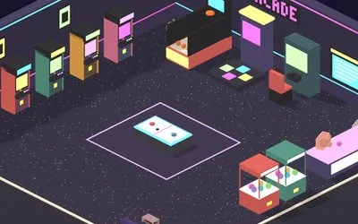 The arcade hall with glowing game machines