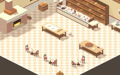 The neighborhood bakery with bread shelves and tables