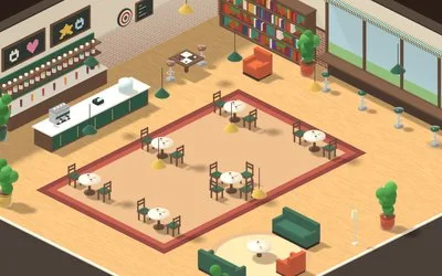 Leyla’s Café with tables, a counter and bookshelves