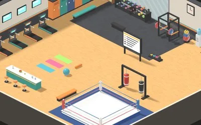 The gym with treadmills and a boxing ring