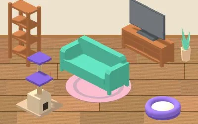 A cozy room with a sofa, TV and a pet bed